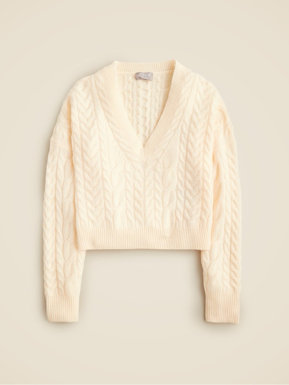 J. Crew Cashmere cropped cable-knit V-neck sweater cream ivory